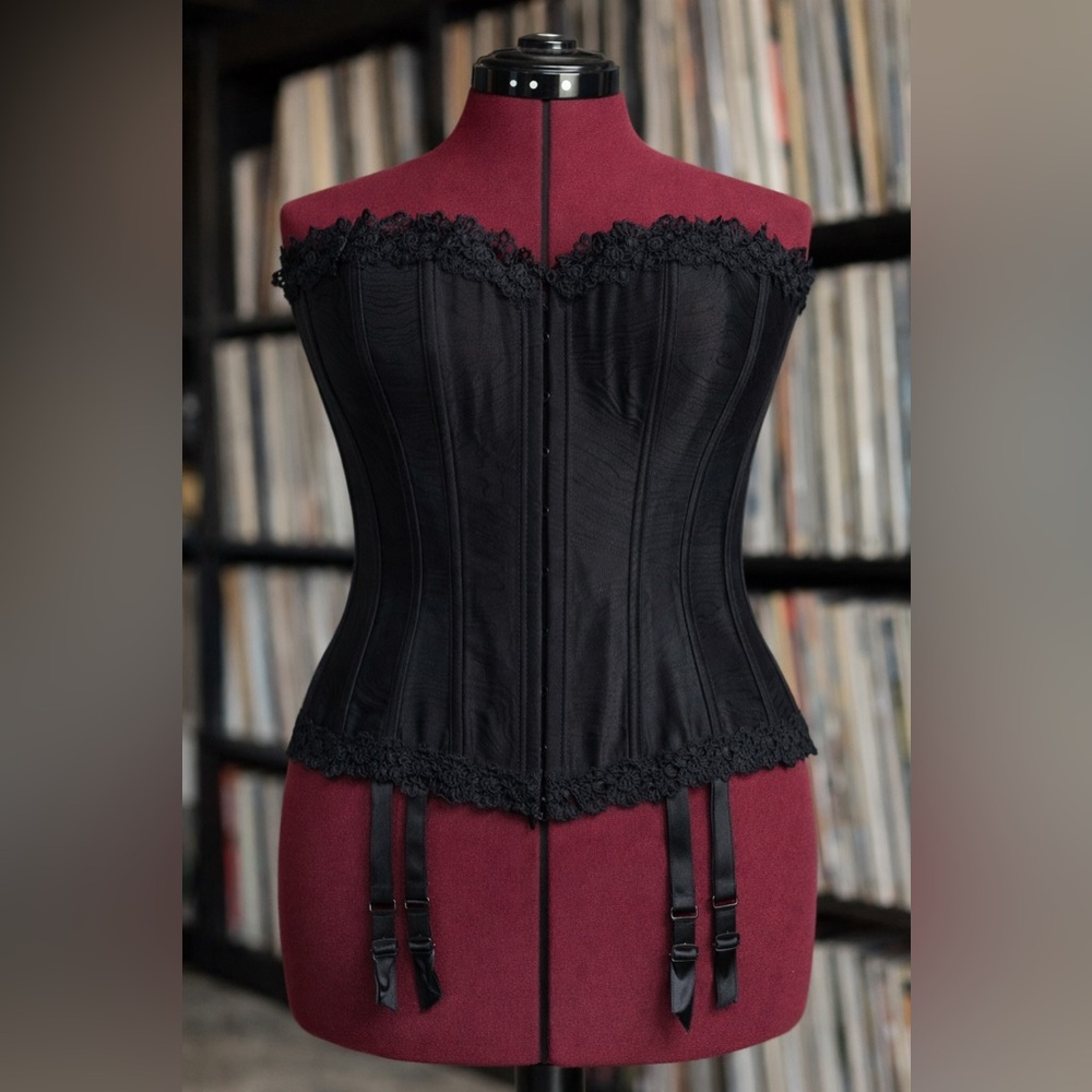Grenier Black Satin Corset Size 34 | Lace Trim Boned Bustier w/ Garter Straps